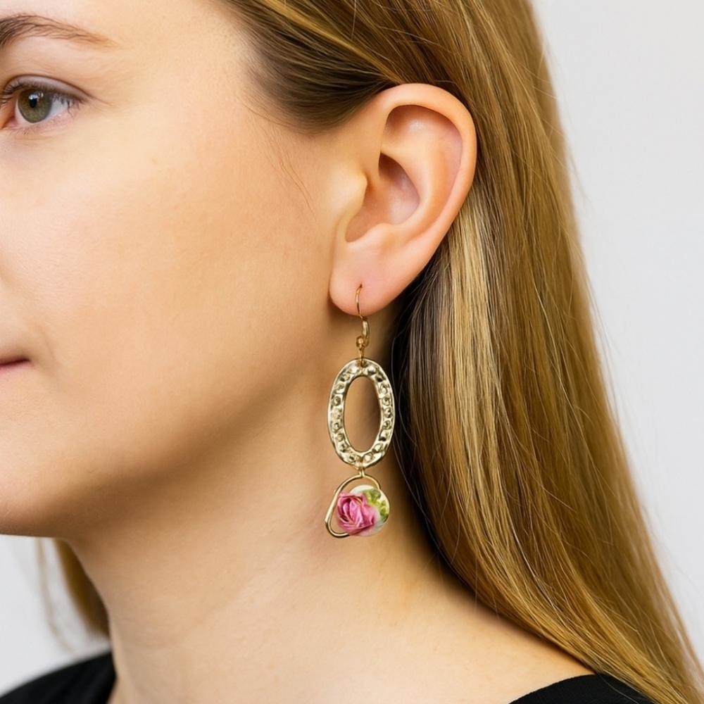 Handmade Gold and Pink Floral Earrings -Hypoallergenic